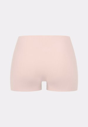 Nahtlose, hellrosa Damen-Shorts im Boyshort-Stil mit glattem Stoff und hoher Taille.