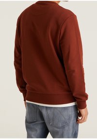 Felpa in cotone color marrone con polsini e bordo a costine; presenta un collo girocollo e un discreto dettaglio del logo sul retro. Indossata con jeans azzurri chiari.