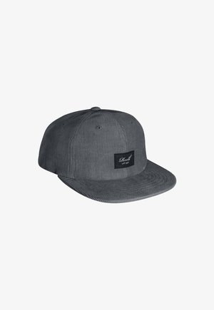 Gray corduroy snapback cap featuring a flat brim and a black logo patch on the front, set against a white background.