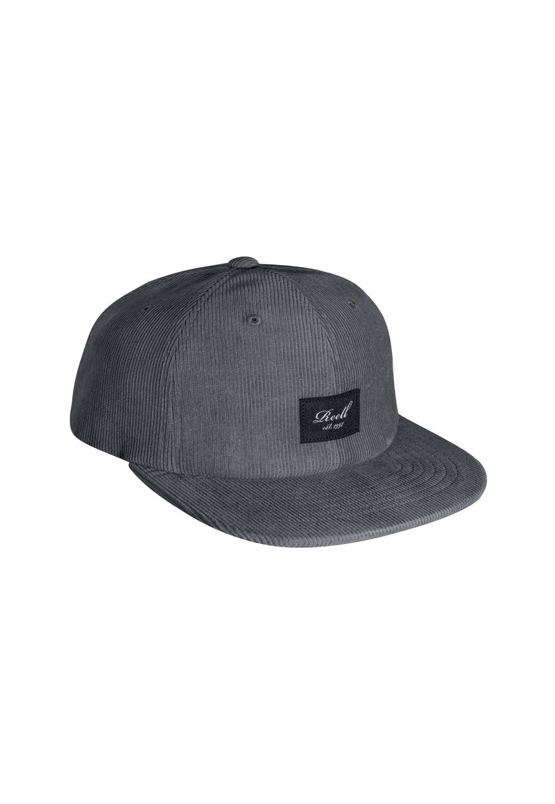 Gray corduroy snapback cap featuring a flat brim and a black logo patch on the front, set against a white background.
