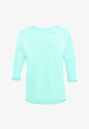 Mint green, lightweight top with three-quarter sleeves and a rounded neckline. Features a simple, smooth texture without patterns or accents.