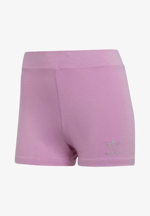 Rosa Sportshorts aus weichem Material, mit einer figurschmeichelnden Passform, glattem Bund und einem kleinen metallischen Logo an der Seite.