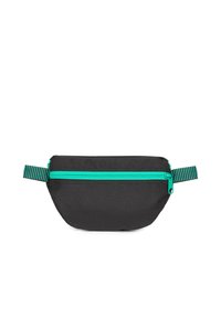Borsa in tessuto nera con cerniera turchese, dotata di una maniglia a righe. Forma arrotondata, materiale resistente e design a scomparto singolo.