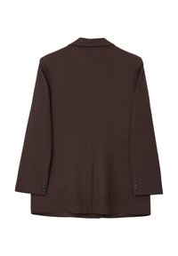 Brauner Blazer mit Reverskragen, einer Schlitze hinten und vier Knopfakzenten an den Manschetten, gefertigt aus einem glatten, strukturierten Stoff.