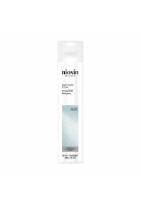 Nioxin sterke hold haarspray in een witte cilindrische spuitbus, met een lichtblauwe verloopontwerp en zwarte tekst, bevat 300g.