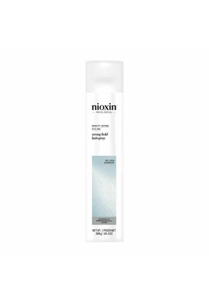 Nioxin strong hold hairspray in a white cylindrical can, featuring a light blue gradient design and black text, containing 300g.