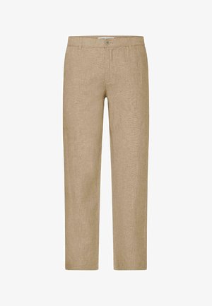 Pantalon en lin brun clair, coupe droite, fermeture par bouton, passants pour ceinture et poches latérales.