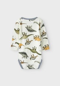 Ilgais rankovėmis baltas kūdikių bodysuit'as su pilkšvu apvadu, padengtas įvairiaspalviais animacinių filmų dinozaurų raštais žalios, rudos ir oranžinės spalvų atspalviuose.