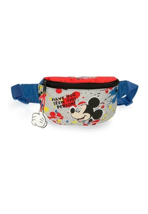 Riñonera infantil con correas azules, salpicaduras de pintura de colores, cara de Mickey Mouse y texto "¿Has visto a esta persona?" en el frente.