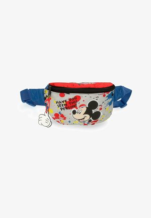 Riñonera infantil con correas azules, salpicaduras de pintura de colores, cara de Mickey Mouse y texto "¿Has visto a esta persona?" en el frente.