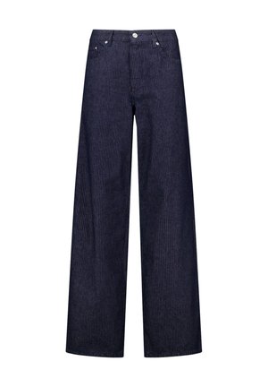 Leveledek denim-housut, joissa on tummansininen ja valkoinen pystysuora raidoitus, kahdella etutaskulla ja klassisella napitusratkaisulla.