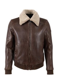 Giacca in pelle marrone con colletto in sherpa, zip frontale, tasche laterali, polsini a coste e vita a coste; texture liscia con un design classico.