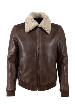 Brown leather jacket with a sherpa collar, front zipper, side pockets, ribbed cuffs, and waistband; smooth texture with a classic design.