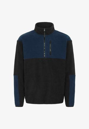 Fleece pulover v črni in mornarsko modri barvi s pol-zadrgo, dvema stranskima žepoma in žepom na prsih z zadrgo. Gladka tekstura.