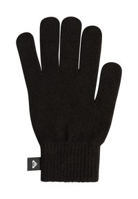 Guantes de punto negros con puños acanalados. La textura es suave y ligeramente elástica, adaptándose a la forma de la mano con cinco aberturas para los dedos.