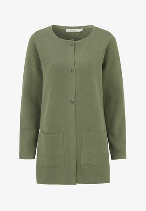 Olivgrön cardigan med rund halsringning, knappstängning och två framfickor. Tillverkad av texturerat stickat material. Långa ärmar.