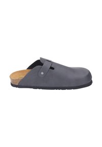 Grau gummierte Clogs mit Korkfußbett, abgerundeter Zehe, seitlichem Schlitz zur Belüftung und einem verstellbaren Riemen mit einem Metallschnappverschluss.