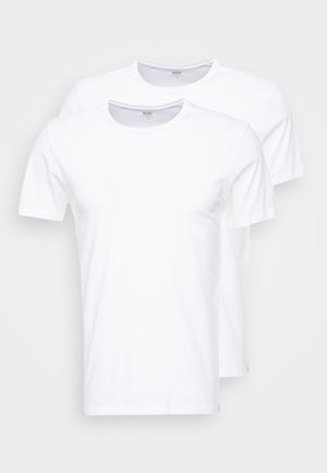 White cotton t-shirts in a pack of two. Round neckline, short sleeves, and a smooth texture. No patterns or graphics present.