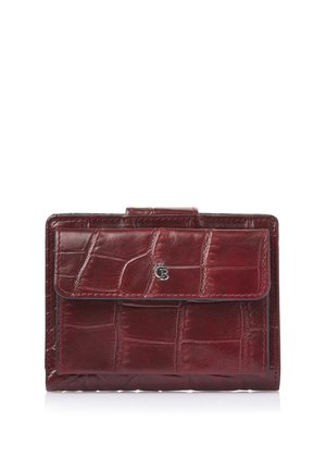 Bordeauxrotes Lederportemonnaie mit Krokodilstruktur, Frontklappentasche und kleinem metallischem Logoemblem in der Mitte.