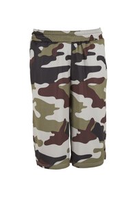 Shorts mi-longs à imprimé camouflage avec des couleurs vert olive, marron, noir et beige, dotés d'une taille élastique.
