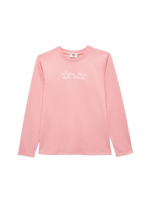 Lyserød langærmet T-shirt lavet af blødt stof med hvid tekst, der står "La plus douce étoile d'hiver" med en stjerneaccent.