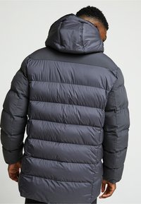 Uomo che indossa una giacca imbottita grigio scuro con cappuccio, visto di spalle su uno sfondo chiaro e uniforme.