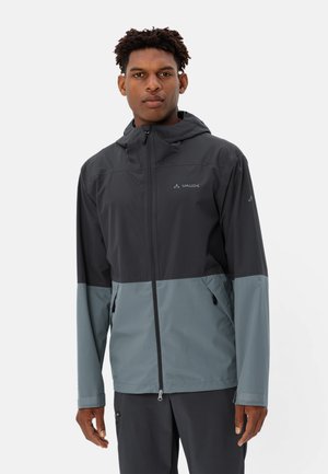 Men's two-tone jacket featuring a black upper and gray lower section, made of lightweight, water-resistant fabric, with a hood and zippered pockets.