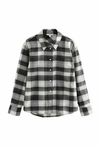 Black and white checkered shirt made of fabric with a fitted collar and long sleeves, featuring front button closures and a left chest pocket.