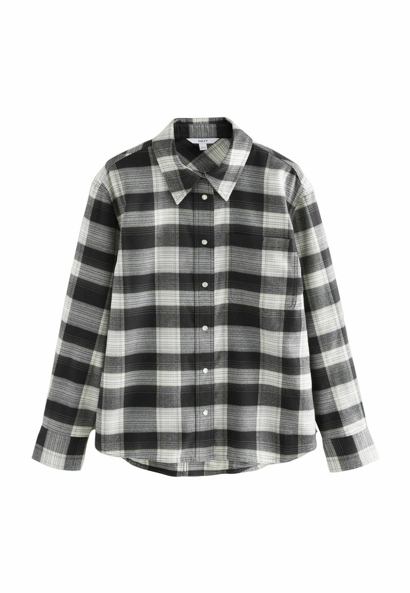 Black and white checkered shirt made of fabric with a fitted collar and long sleeves, featuring front button closures and a left chest pocket.