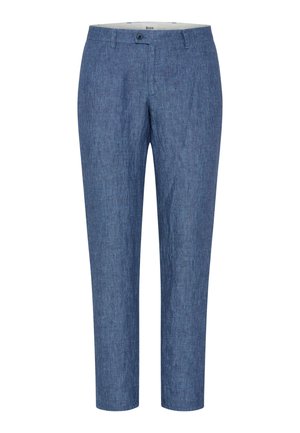 Herren-Libinenhose in gerader Beinführung, blau, mit Knopf- und Reißverschluss, Gürtelschlaufen und Vorderaschen.