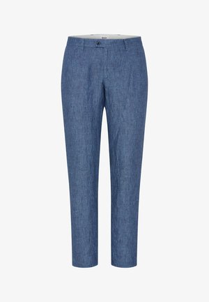 Herren-Libinenhose in gerader Beinführung, blau, mit Knopf- und Reißverschluss, Gürtelschlaufen und Vorderaschen.