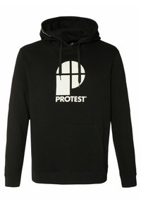 Felpa nera con cappuccio realizzata in materiale morbido, con un grande logo e design bianco "PROTEST". Include una tasca a marsupio e un cappuccio con cordini.