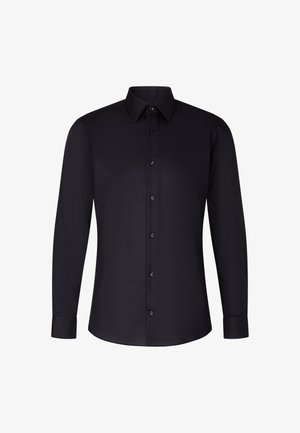 Czarna koszula z długim rękawem, zapinana na guziki z przodu, z kołnierzykiem, uszyta z gładkiego materiału, z dopasowanym krojem i pasującymi guzikami.