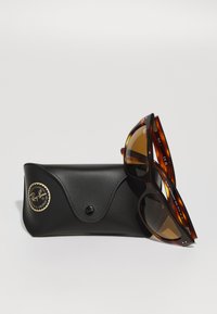 Occhiali da sole Ray-Ban con montatura tartarugata e lenti marroni, poggiati su un astuccio protettivo in pelle nera con un logo circolare.