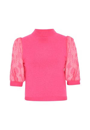 Top fucsia tricotat cu guler înalt, mâneci scurte, bufante, din dantelă transparentă cu modele florale și manșete ribbed.