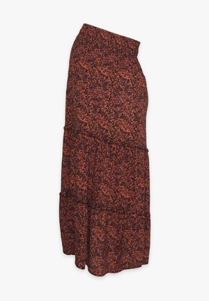 Rost-orange Midi-Rock mit schwarzem und lila Blumendruck, gestuftes Rüschendesign und elastischem Bund, seitlich gezeigt.