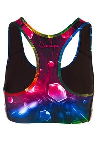Sports bra featuring a colorful geometric pattern with hexagons in shades of pink, blue, and green. Structured with a racerback design.