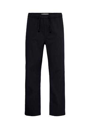 Černé kalhoty s rovnými nohavicemi, elastickým pasem a stahováním na šňůrku, vyrobené z měkké, lehké látky.