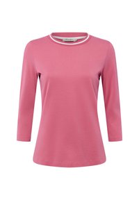 Pink long-sleeve shirt with a round neckline featuring a contrasting white trim. Made of soft material, it has a relaxed fit and smooth texture.