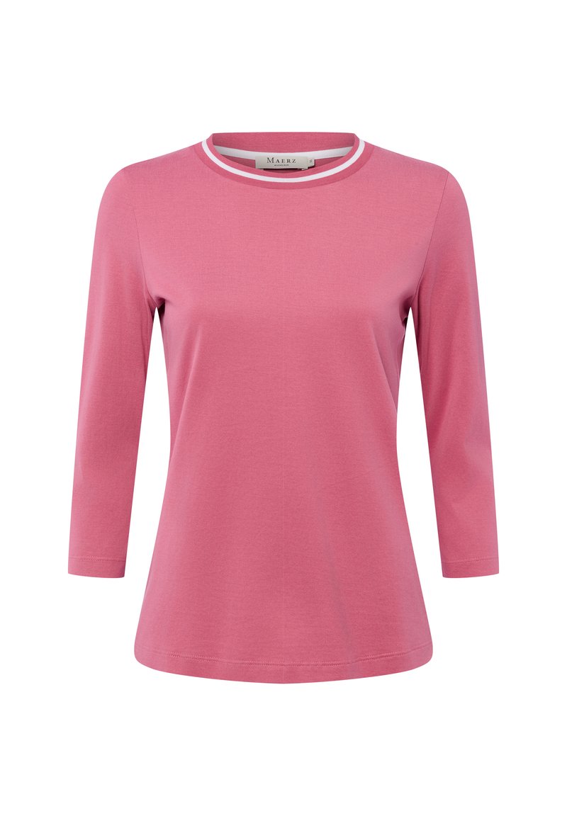 Pink long-sleeve shirt with a round neckline featuring a contrasting white trim. Made of soft material, it has a relaxed fit and smooth texture.