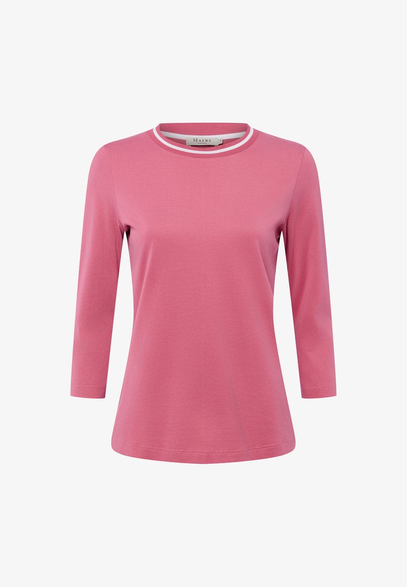 Rosa Langarmshirt mit rundem Ausschnitt und kontrastierendem weißen Besatz. Hergestellt aus weichem Material, hat es eine lockere Passform und eine glatte Textur.