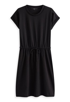 Robe noire à manches courtes, col rond, taille élastique avec cordon et détails en dentelle sur les panneaux d'épaules.