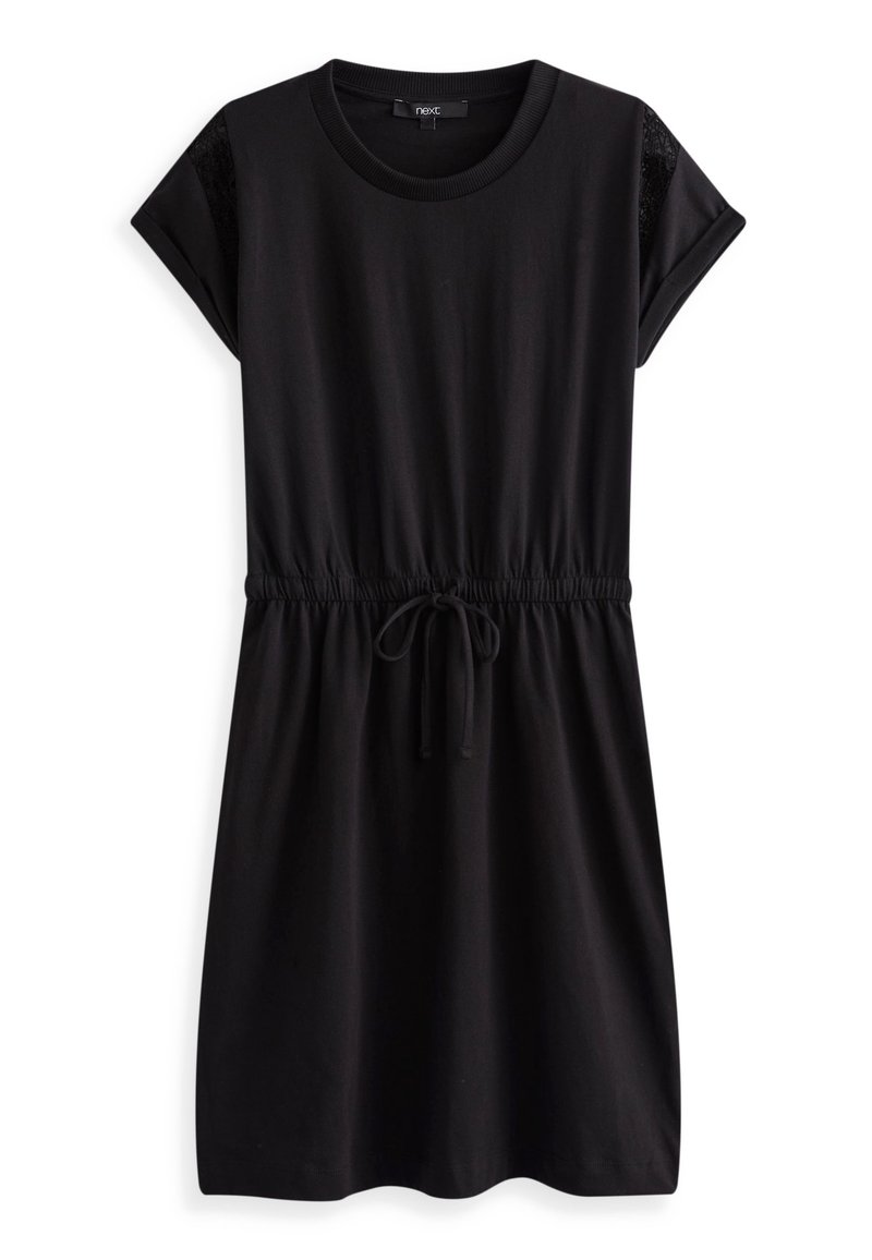 Robe noire à manches courtes, col rond, taille élastique avec cordon et détails en dentelle sur les panneaux d'épaules.