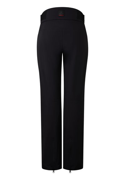 Sorte udendørs bukser lavet af et glat, strækbart stof; med en bred talje, lynlåse ved anklerne og flade sømdetaljer.