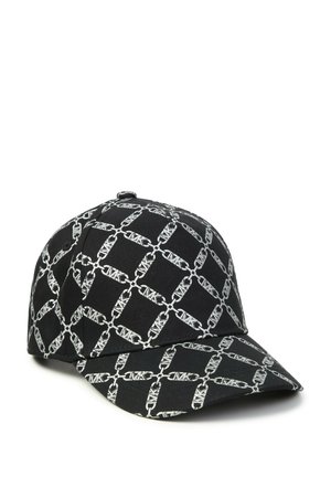 Zwarte pet met een herhalend wit geometrisch kettingpatroon, voorzien van een gebogen klep en een gestructureerde kroon voor een aansluitend ontwerp.