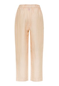 Lys ferskenfarvet linnedbuks med elastisk linning, der har en afslappet pasform og glat tekstur, afsluttet ved anklen.