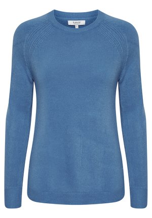 Modrý pletený svetr s dlouhými rukávy, kulatým výstřihem a žebrovanými manžetami. Hladká textura, s jednoduchým designem bez vzorů nebo akcentů.