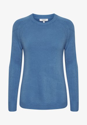 Blauwe gebreide trui met lange mouwen, ronde halslijn en geribbelde manchetten. Glad van textuur, met een eenvoudig ontwerp zonder patronen of accenten.