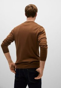 Maglione marrone a maglia con scollo rotondo e maniche lunghe, con polsini e orlo a coste, visto da dietro.