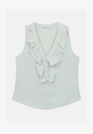 Gaiši mentola zaļa bezpieka blūze ar V veida kaklu, kas izceļas ar rukšķīgu priekšpusi un pogu aizdari, izgatavota no mīkstas auduma ar gludu tekstūru.